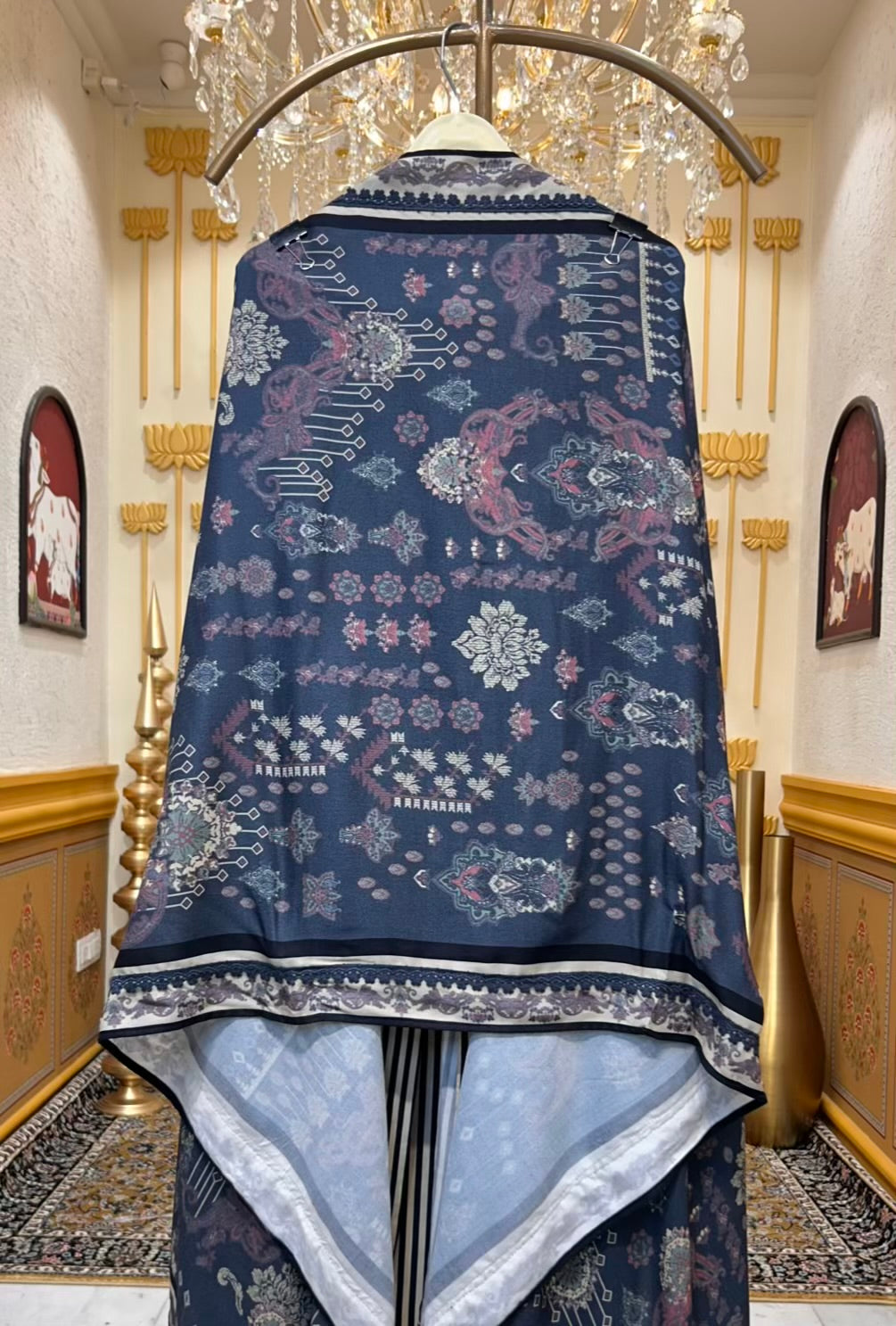 Ruhana Printed Pashmina Suit (Navy Blue)