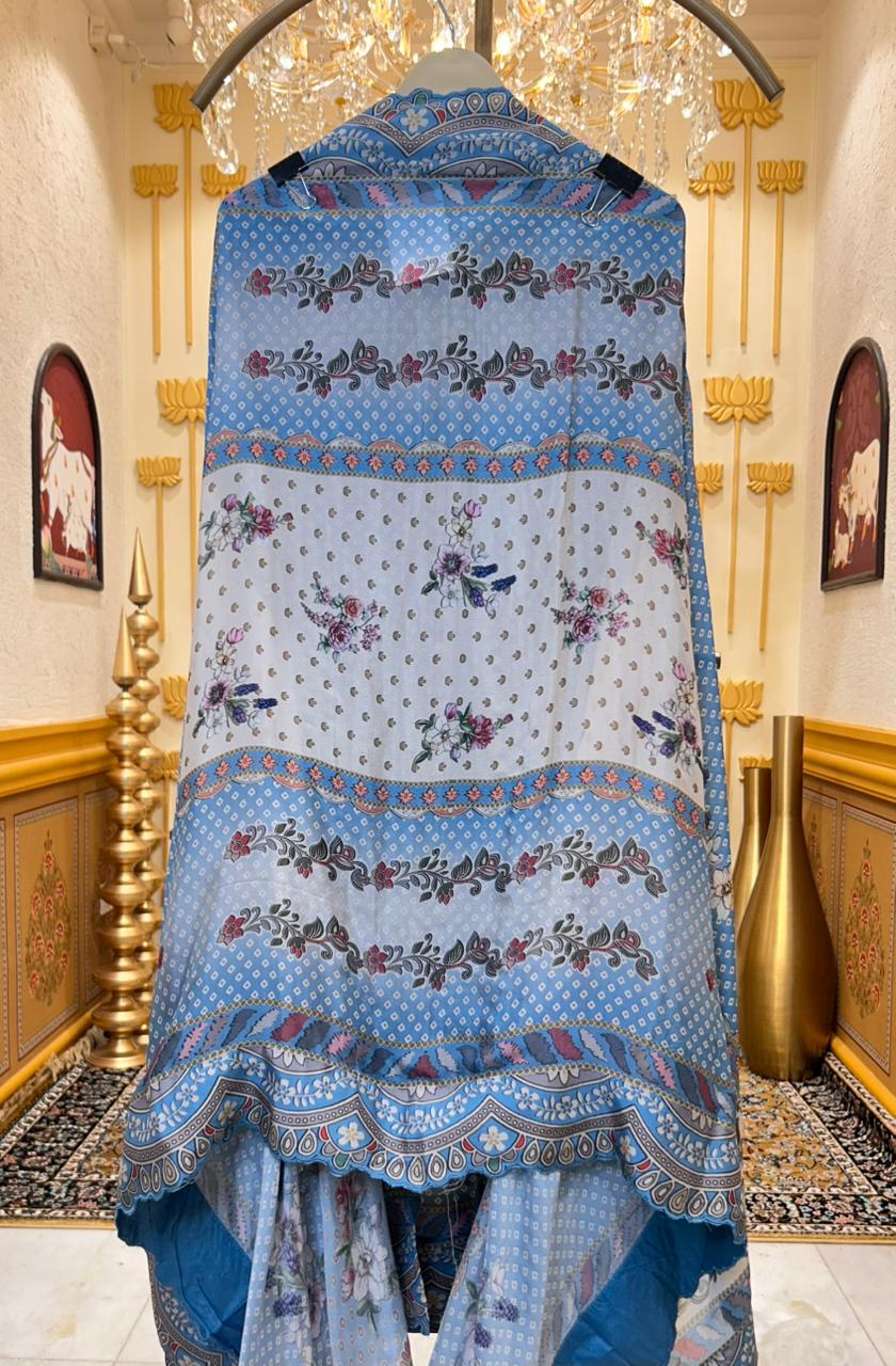 Averiya Silk Printed Suit (Ivory & Blue)