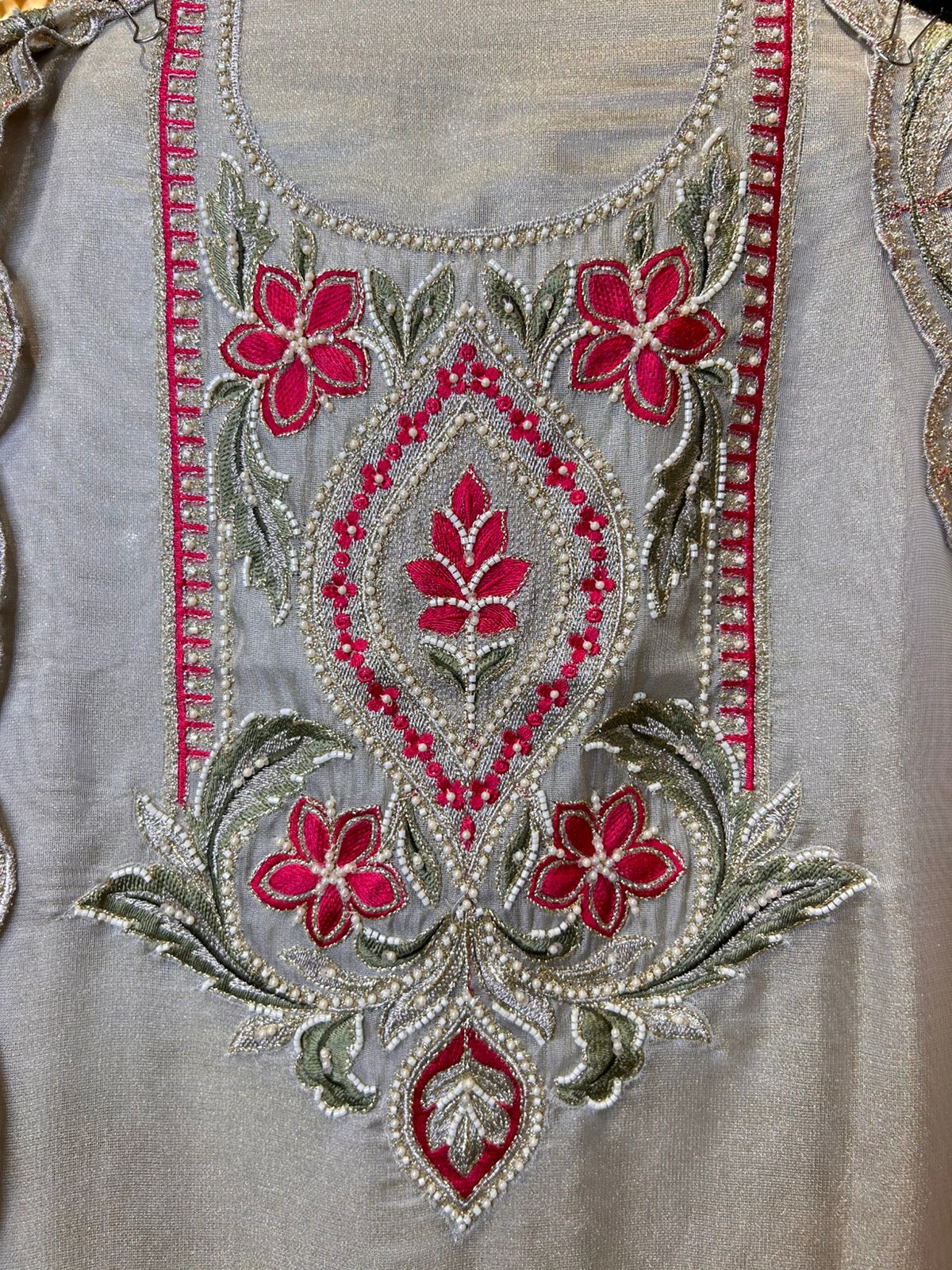 Zyra Organza Suit (Beige & Pink)