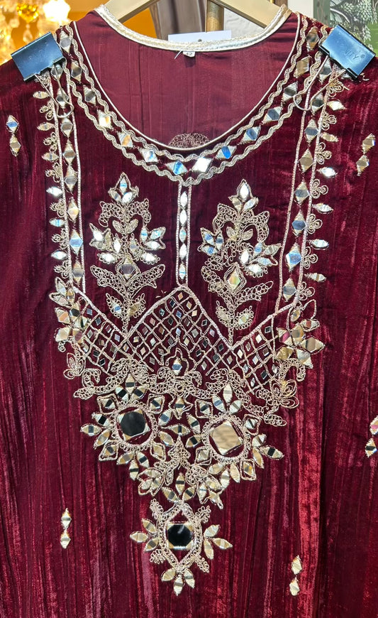 Shahnoor Velvet Slit Dress (Maroon)