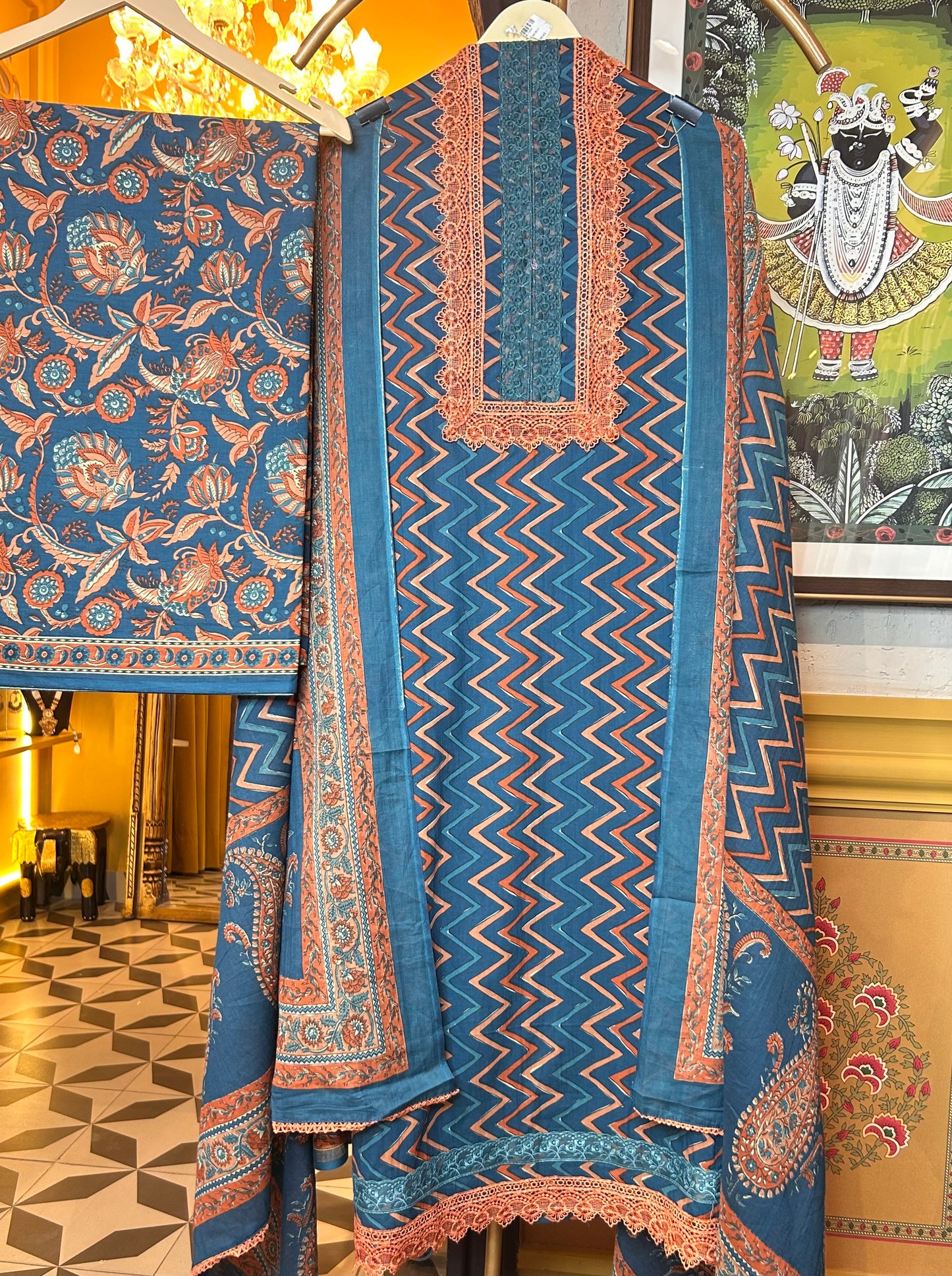 Pehra Cotton Suit (Peacock Blue)