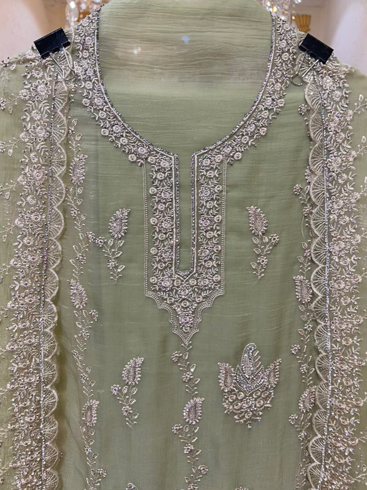 Aarifa Resham Veil Suit (Pista Green)