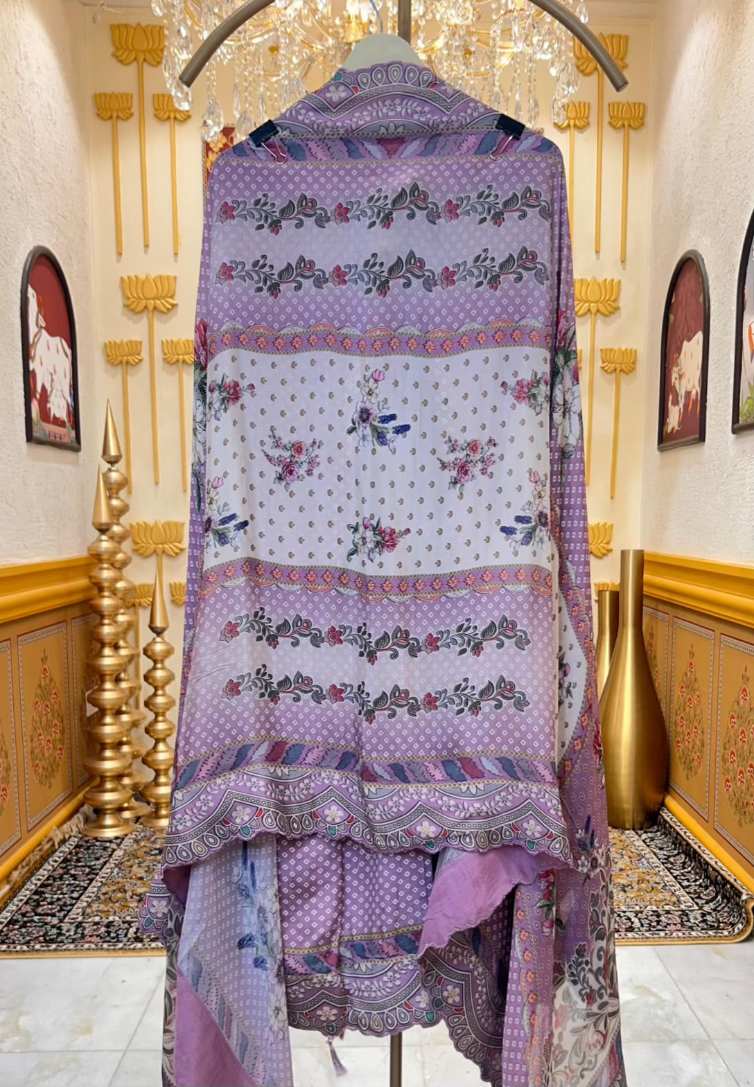 Averiya Silk Printed Suit (Ivory & Lavender)