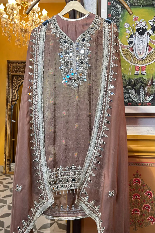 Mehrnaz Organza Skirt Suit (Brown)