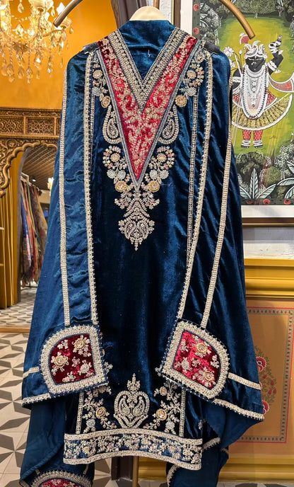 Ruhbaan Velvet Suit (Peacock Blue)
