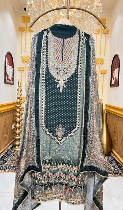 Zareenah Zari Flow Suit (Mehendi Green)