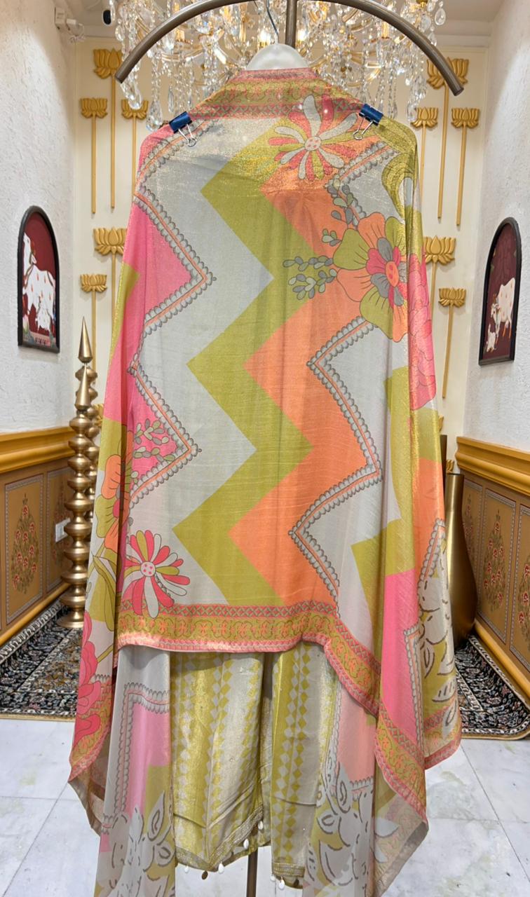 Zarmina Cutdana Élan Suit (Lemon Green & Beige)
