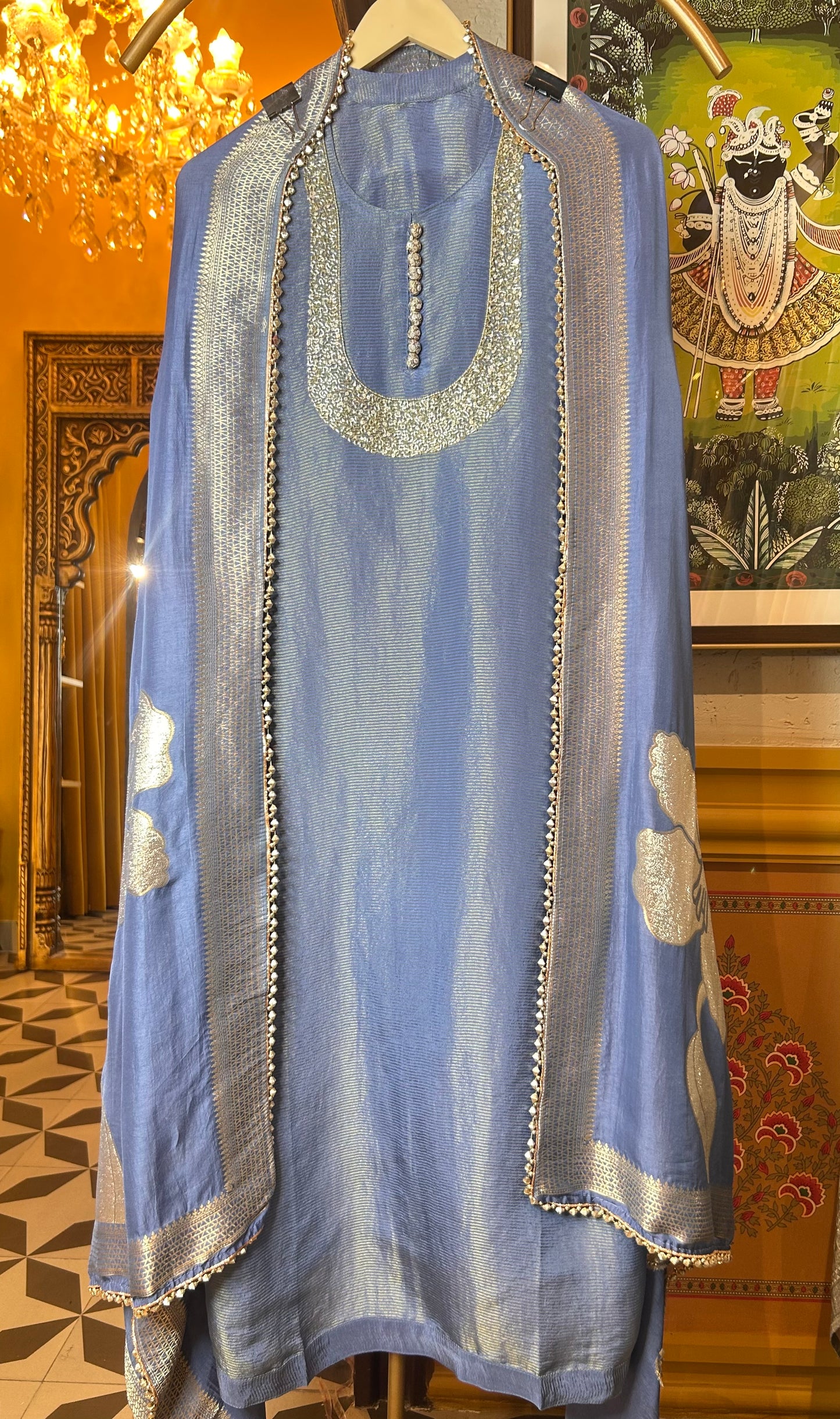 Sajel Organza Suit (Grey Blue)