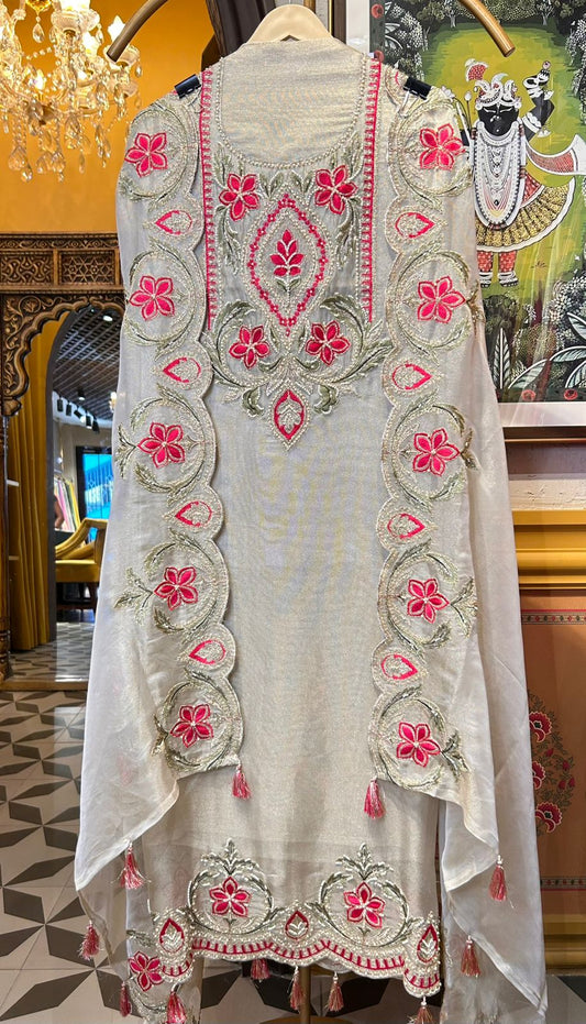 Zyra Organza Suit (Beige & Pink)