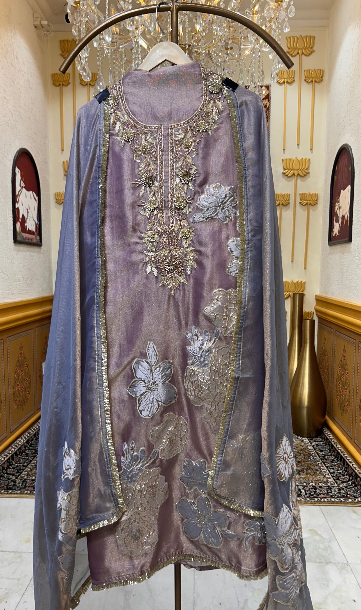 Satin Patra Kinari Suit (Lavender)