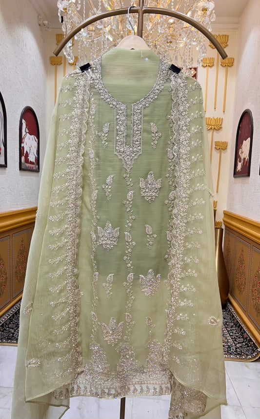 Aarifa Resham Veil Suit (Pista Green)