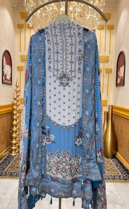 Averiya Silk Printed Suit (Ivory & Blue)