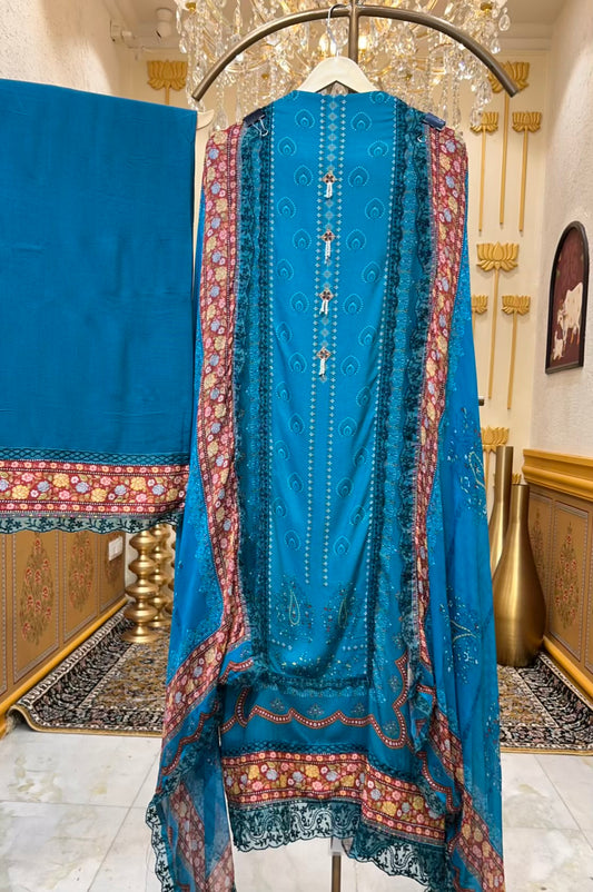 Elvaya Printed Pashmina Suit (Turquoise)