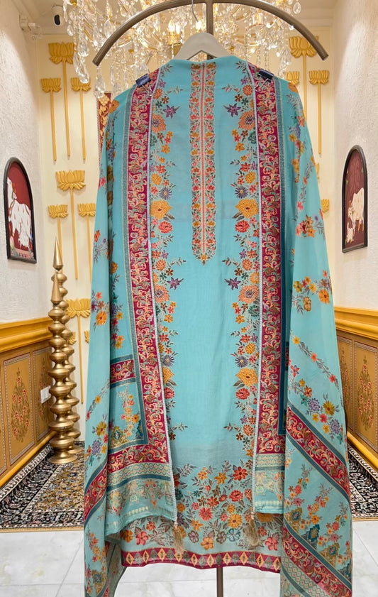 Eshira Silk Printed Suit (Sea Green)