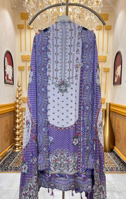 Averiya Silk Printed Suit (Ivory & Purple)