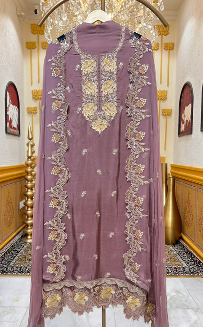 Zehraani Cutdana Silk Suit (Purple)