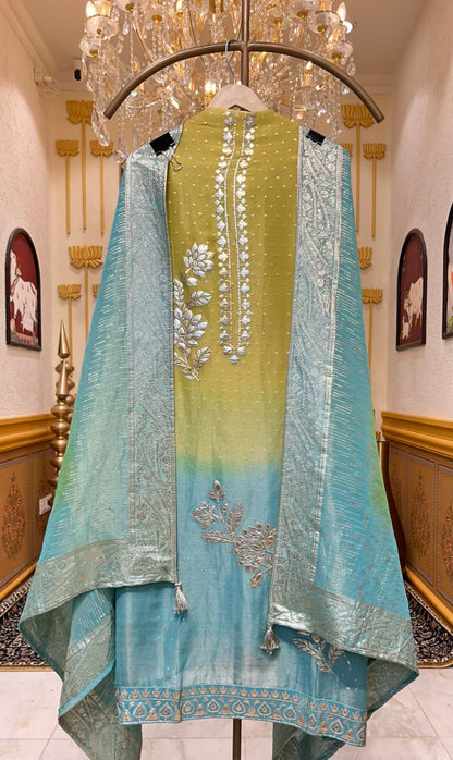Arzéa Leather Banarasi Suit (Lemon Green)