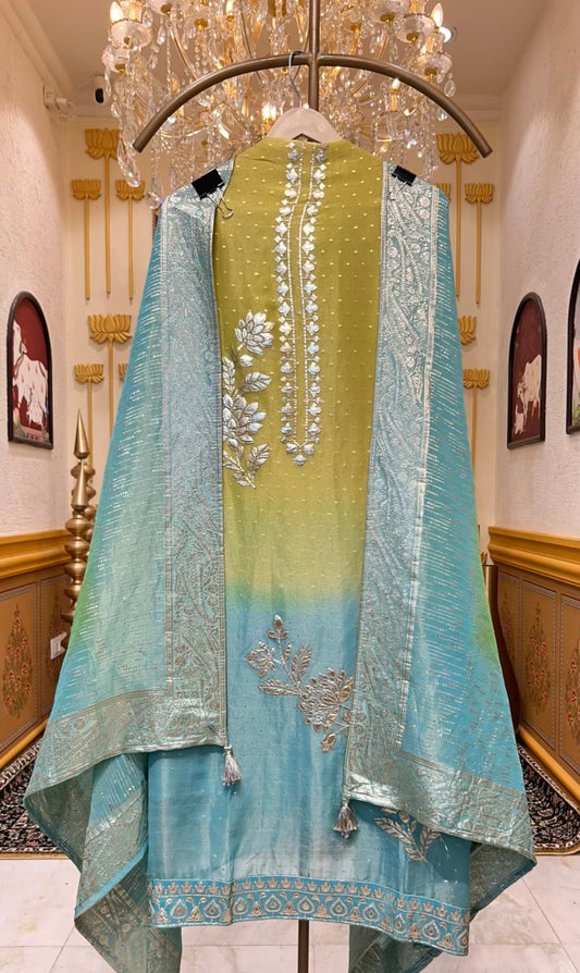 Arzéa Leather Banarasi Suit (Lemon Green)