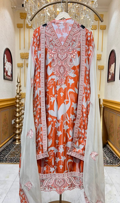 Mehruva Printed Silk Suit (Rust)