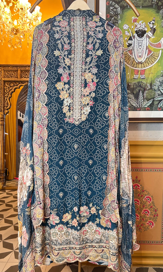 Sharvani Bandhani Crepe Suit (Blue)