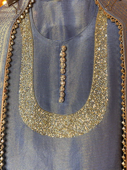 Sajel Organza Suit (Grey Blue)