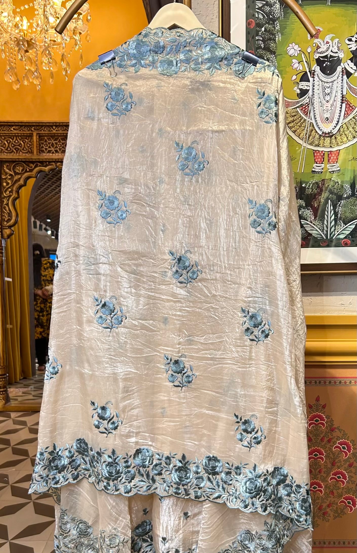 Gulzaib Crush Tissue Suit (Beige & Blue)