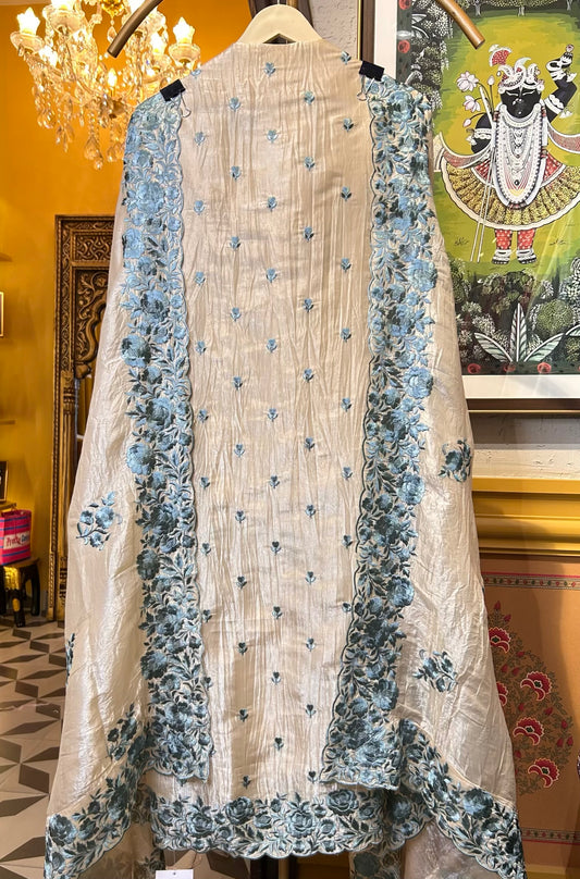 Gulzaib Crush Tissue Suit (Beige & Blue)