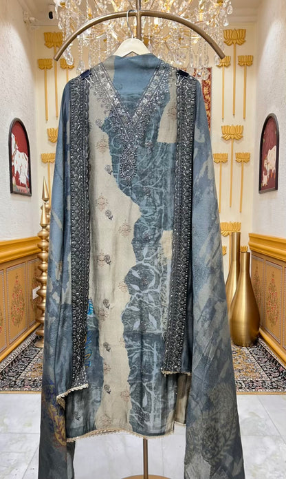 Zehna Neckline Naqsh Suit (Dark Grey)