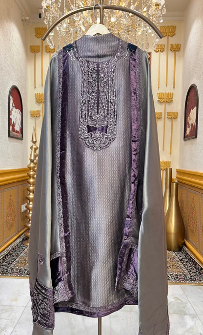 Velmora Velvet Naqsh Suit (Wine)