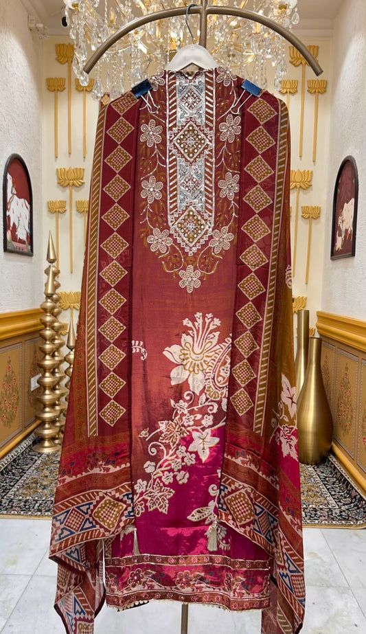 Mehrya Silk Organza Veil Suit (Maroon)