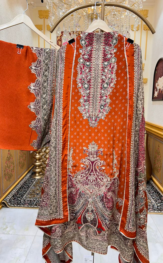 Ishqra Zari Bloom Suit (Rust)