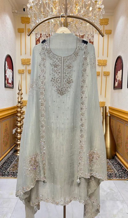 Zehraani Stone Veil Suit (Pista Green)