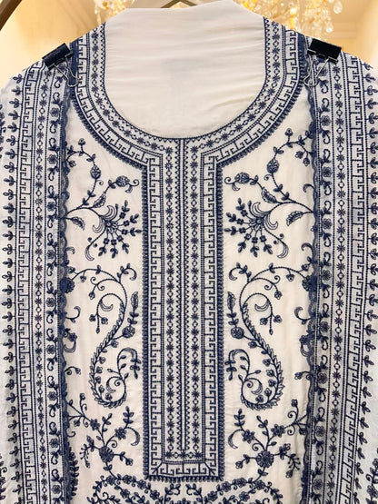 Elara Chanderi Threadloom Suit (White & Blue)