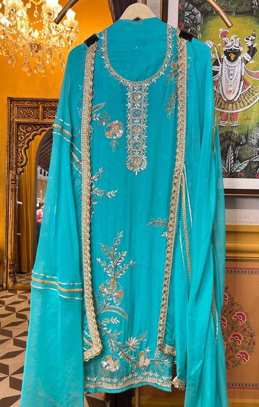Zewar Organza Suit (Turquoise)
