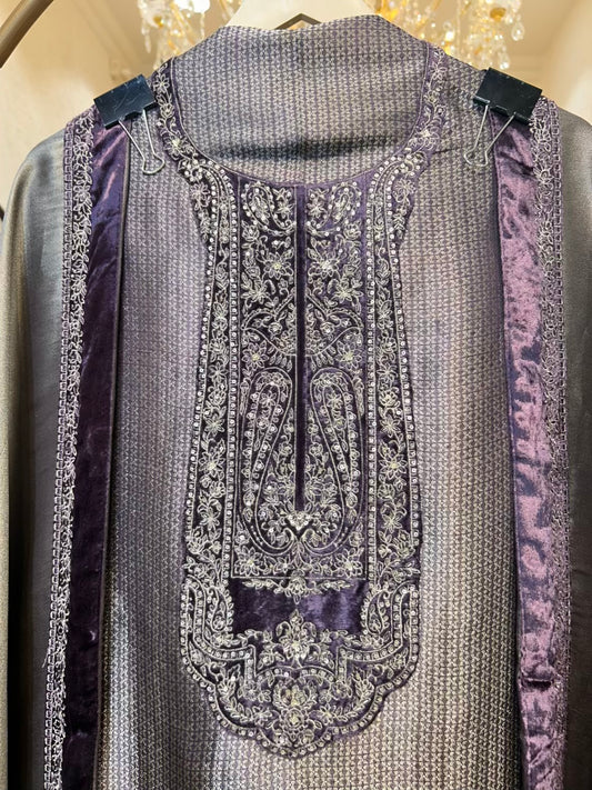 Velmora Velvet Naqsh Suit (Wine)