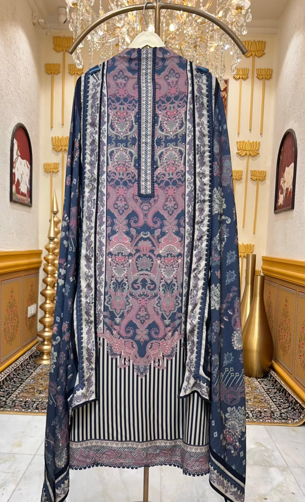 Ruhana Printed Pashmina Suit (Navy Blue)