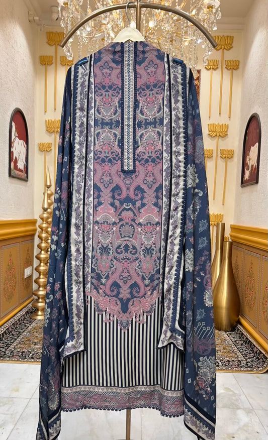 Ruhana Printed Pashmina Suit (Navy Blue)