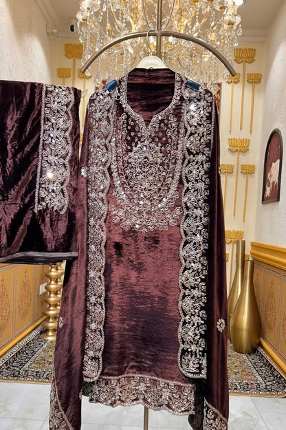Ruhnaz Velvet Taj Suit (Brown)
