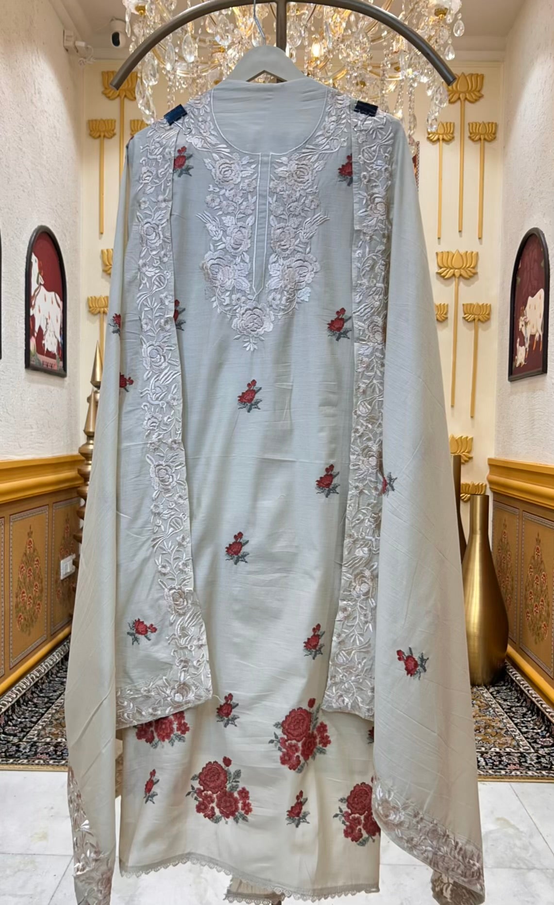 Nayra Resham Cotton Suit (Beige & Rust)