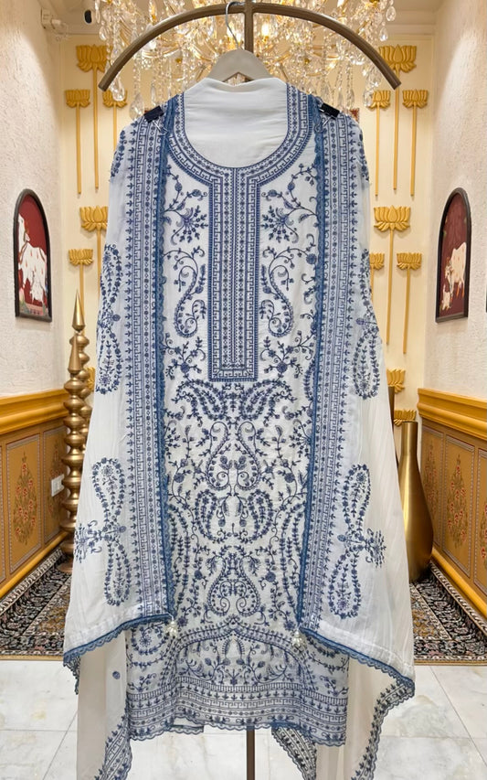 Elara Chanderi Threadloom Suit (White & Blue)