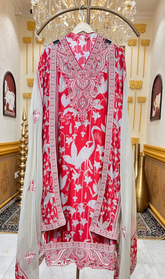 Mehruva Printed Silk Suit (Red)