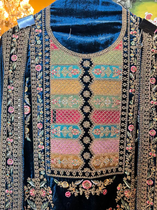 Ferozara Velvet Suit (Peacock Blue)