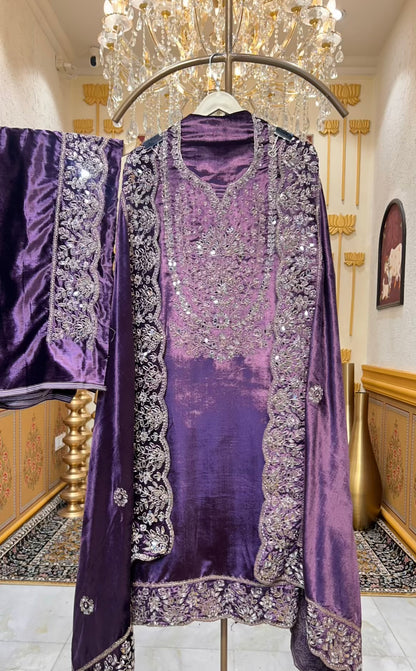 Ruhnaz Velvet Taj Suit (Wine)
