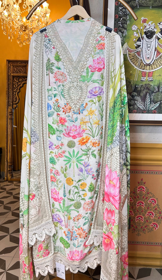 Naureen Mul Chanderi Suit (Ivory)