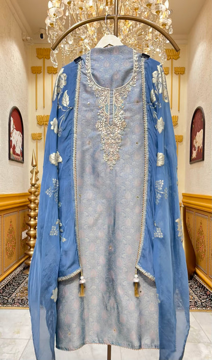 Zareesha Brocade Noor Suit (Blue)