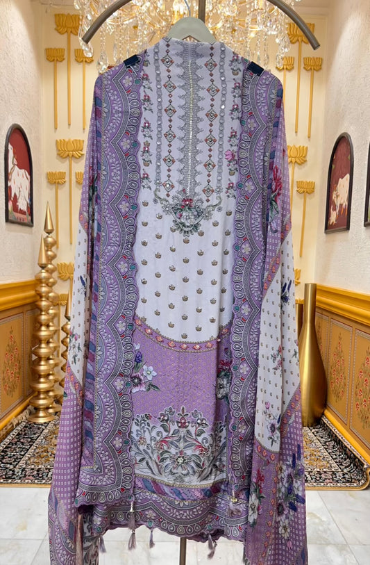 Averiya Silk Printed Suit (Ivory & Lavender)