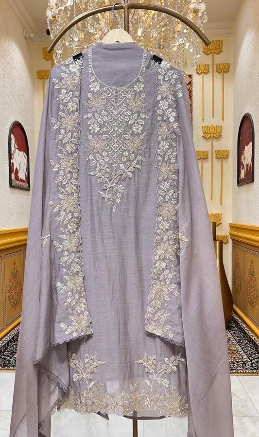 Aavira Mul Chanderi Suit (Grey)
