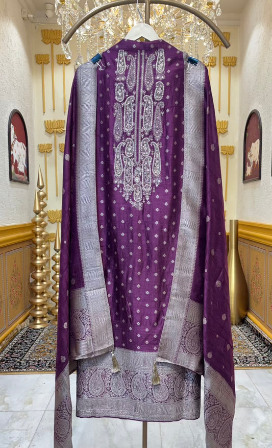 Sarvisha Tussar Banarasi Suit (Wine)