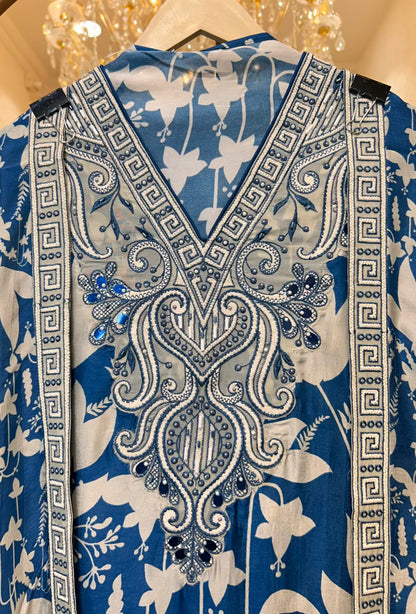 Mehruva Printed Silk Suit (Blue)