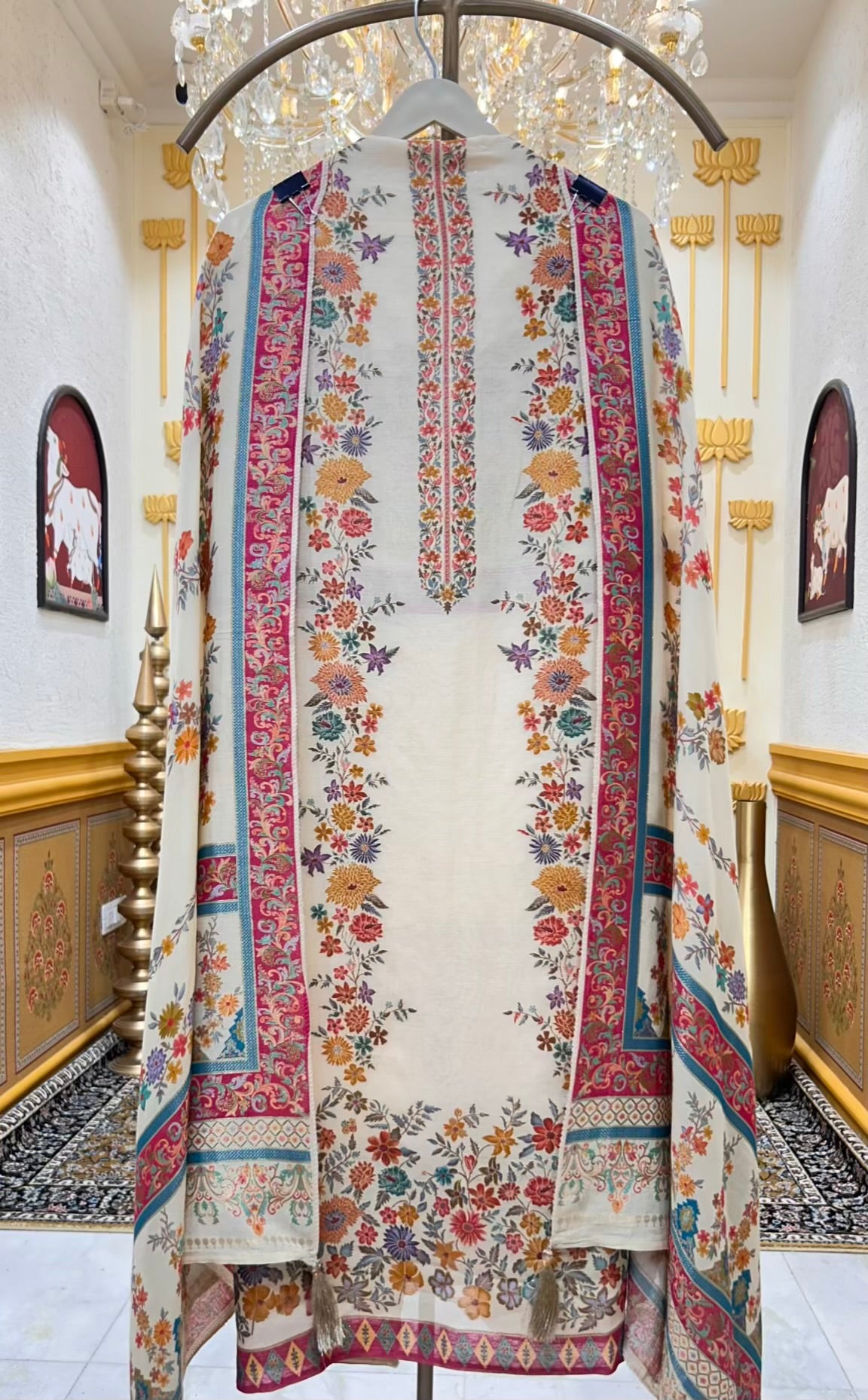 Eshira Silk Printed Suit (Beige)